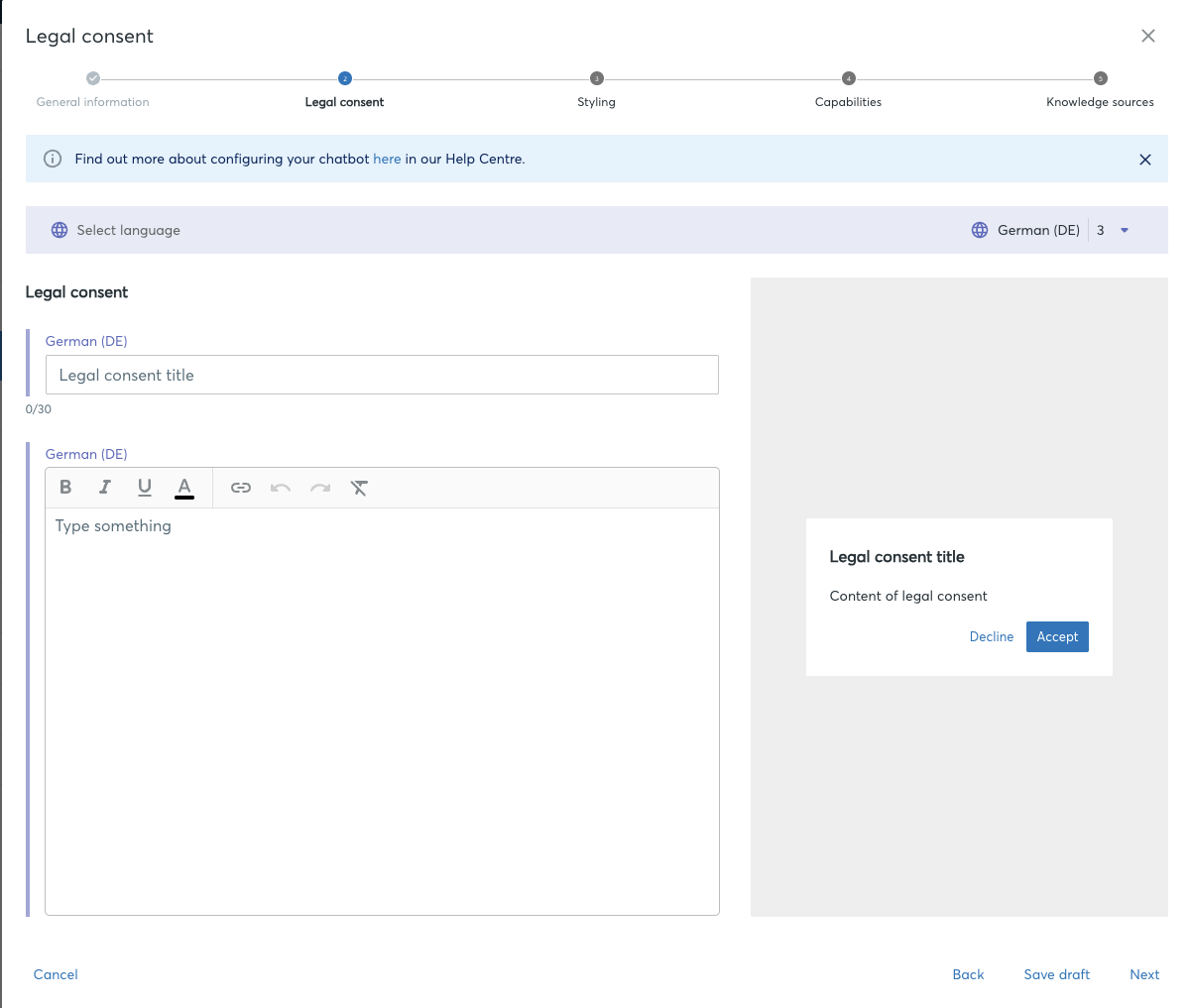 Configuration dialog, Legal consent section with the title and content fields plus the preview pane showing the Decline / Accept dialog members see.