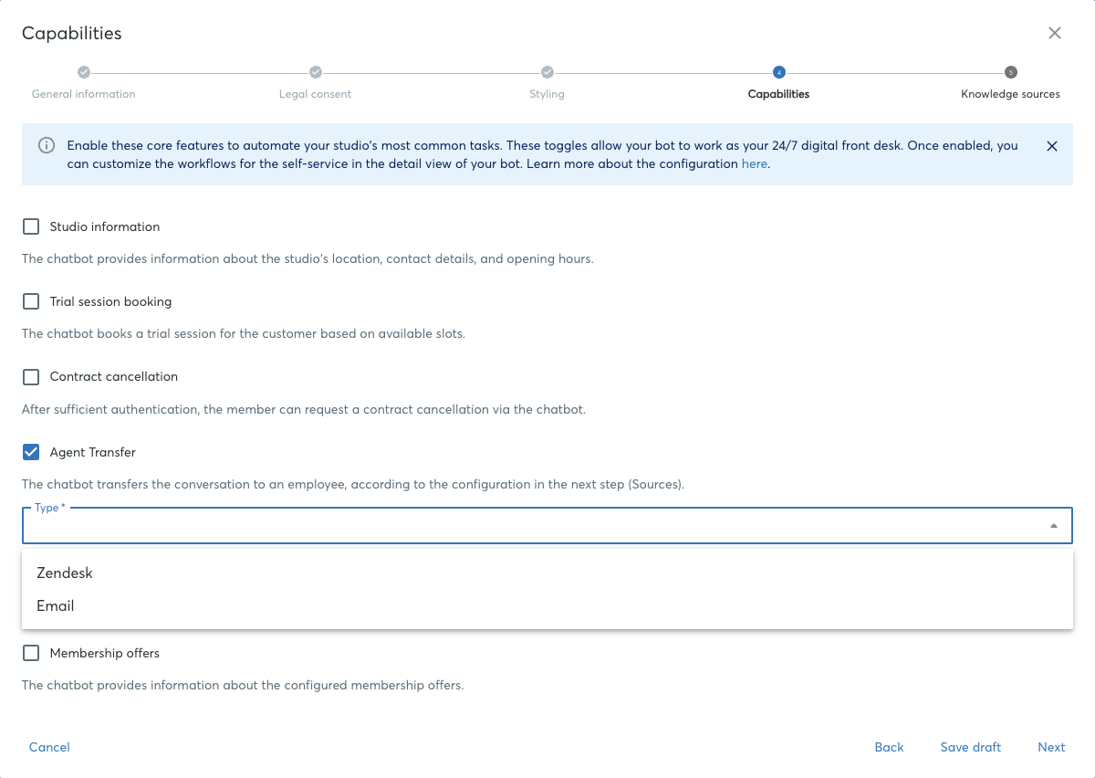 Support escalation type selector with Email and Zendesk options.
