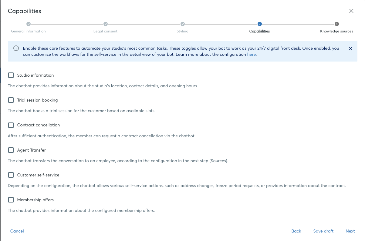 Configuration dialog, Capabilities section with the six capability toggles (Studio information, Trial session booking, Contract cancellation, Support escalation, Customer self-service, Membership offers).