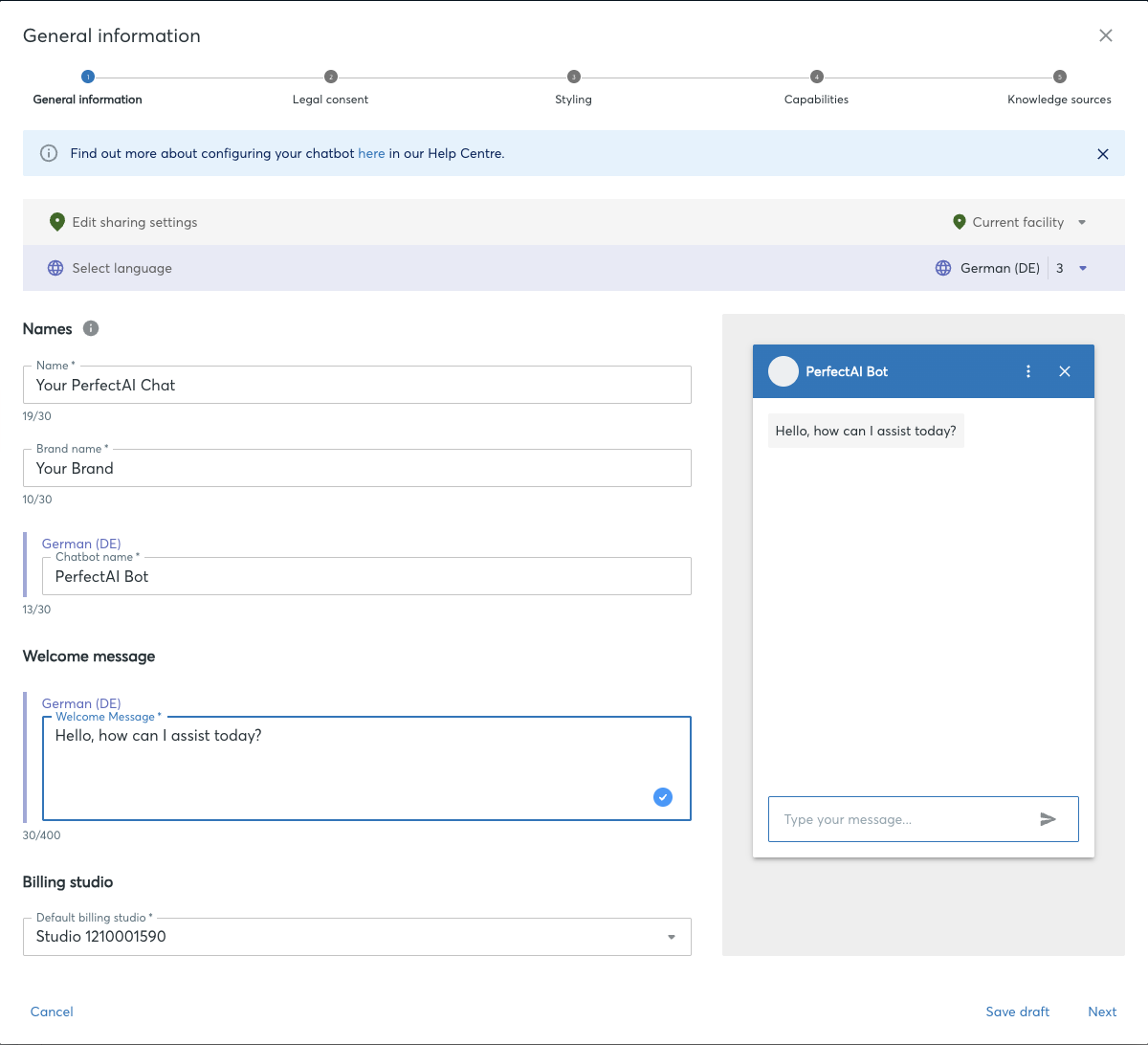Configuration dialog, General information section with the sub-blocks Names, Welcome message and Billing studio.