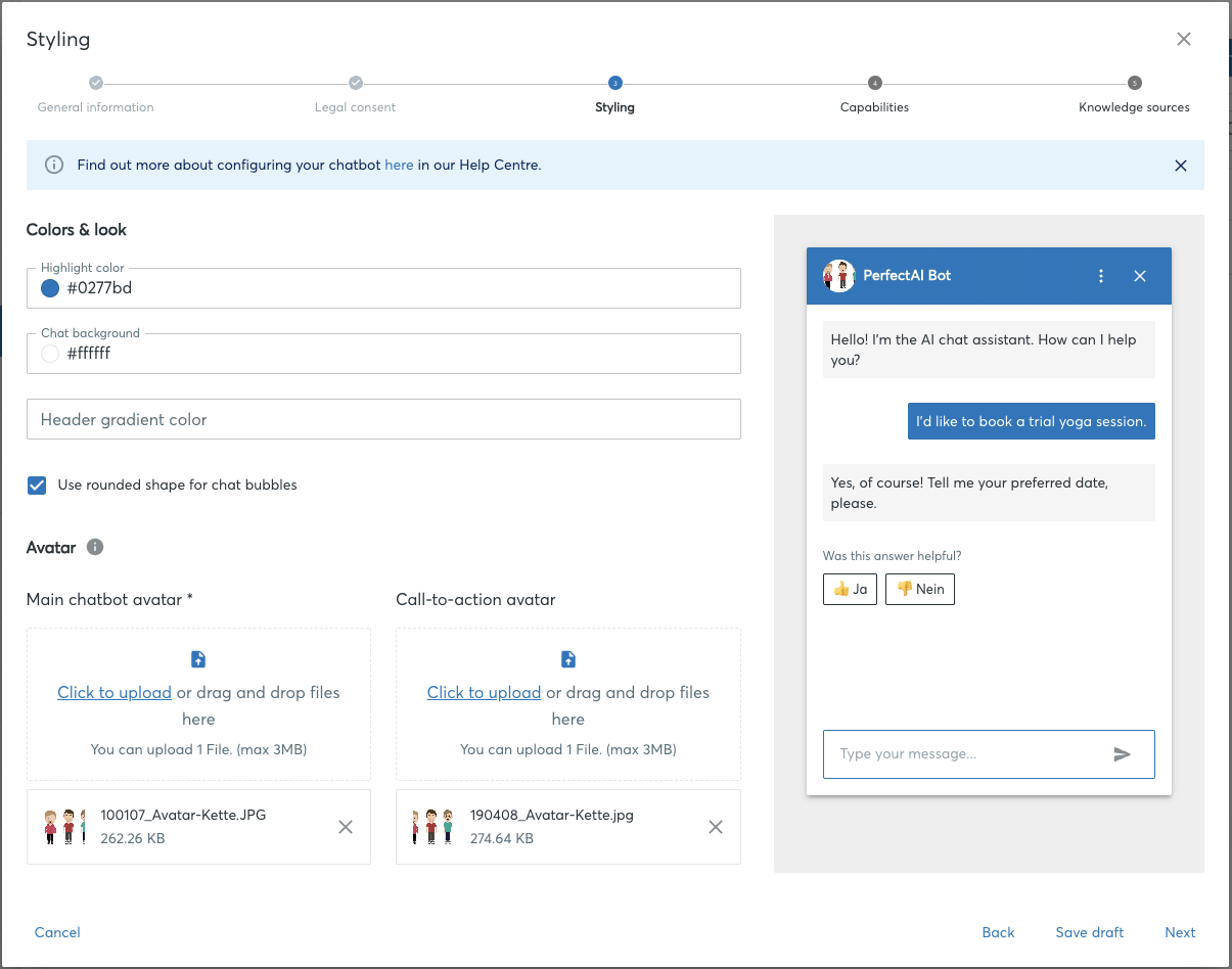 Configuration dialog, Styling section with Colors & look (Highlight color, Chat background, Header gradient color, Use rounded shape for chat bubbles) and Avatar sub-block (Main chatbot avatar, Call-to-action avatar) and the live preview.