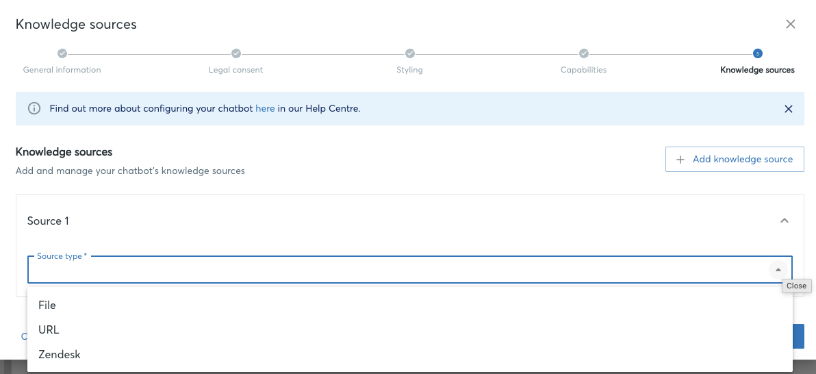 Configuration dialog, Knowledge sources section with the + Add knowledge source action and the source-type selector.