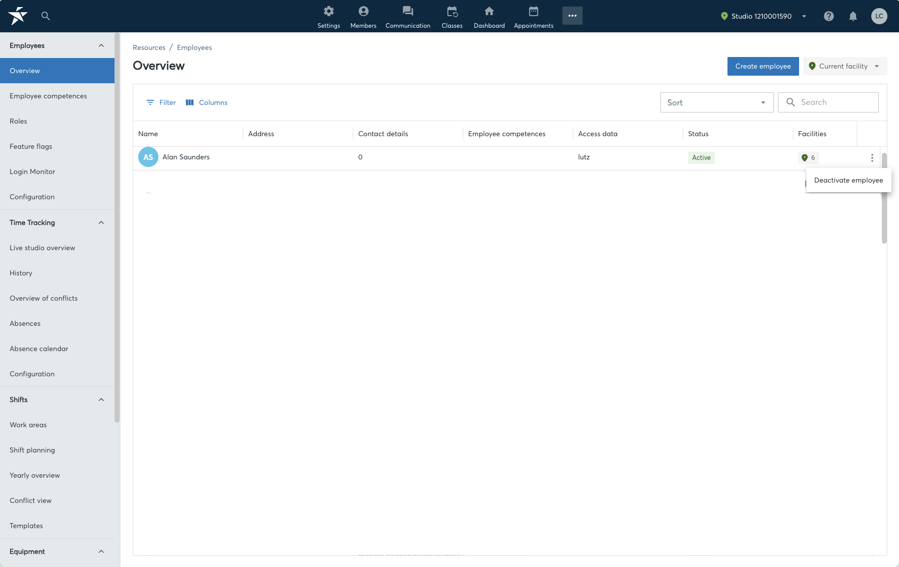 Employee overview with the row three-dot menu open, showing the Deactivate employee action