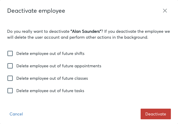 Deactivate dialog with the four checkboxes for shifts, appointments, classes, and tasks