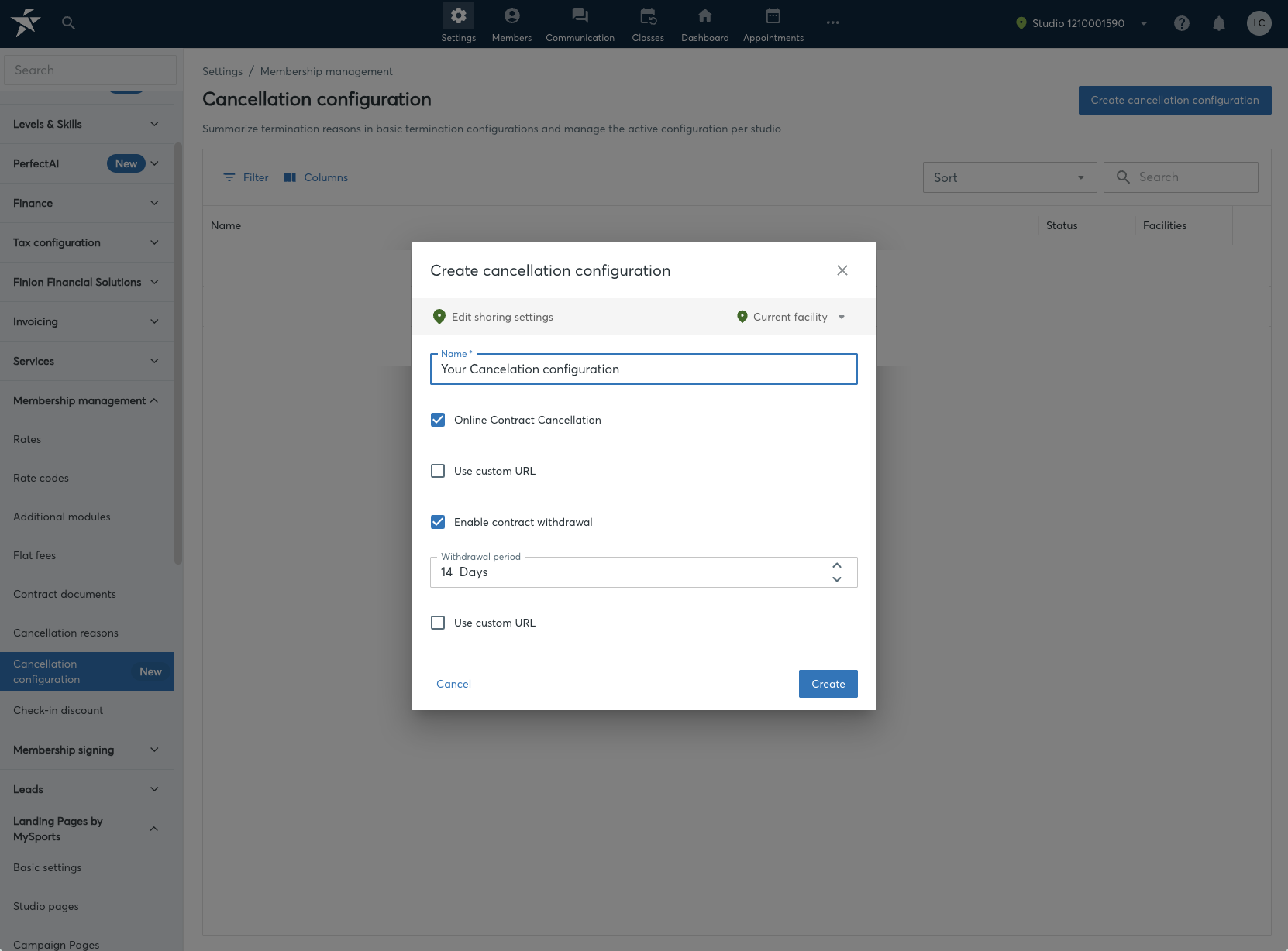 Create cancellation configuration dialog with the Enable contract withdrawal option and the withdrawal period set to 14 days