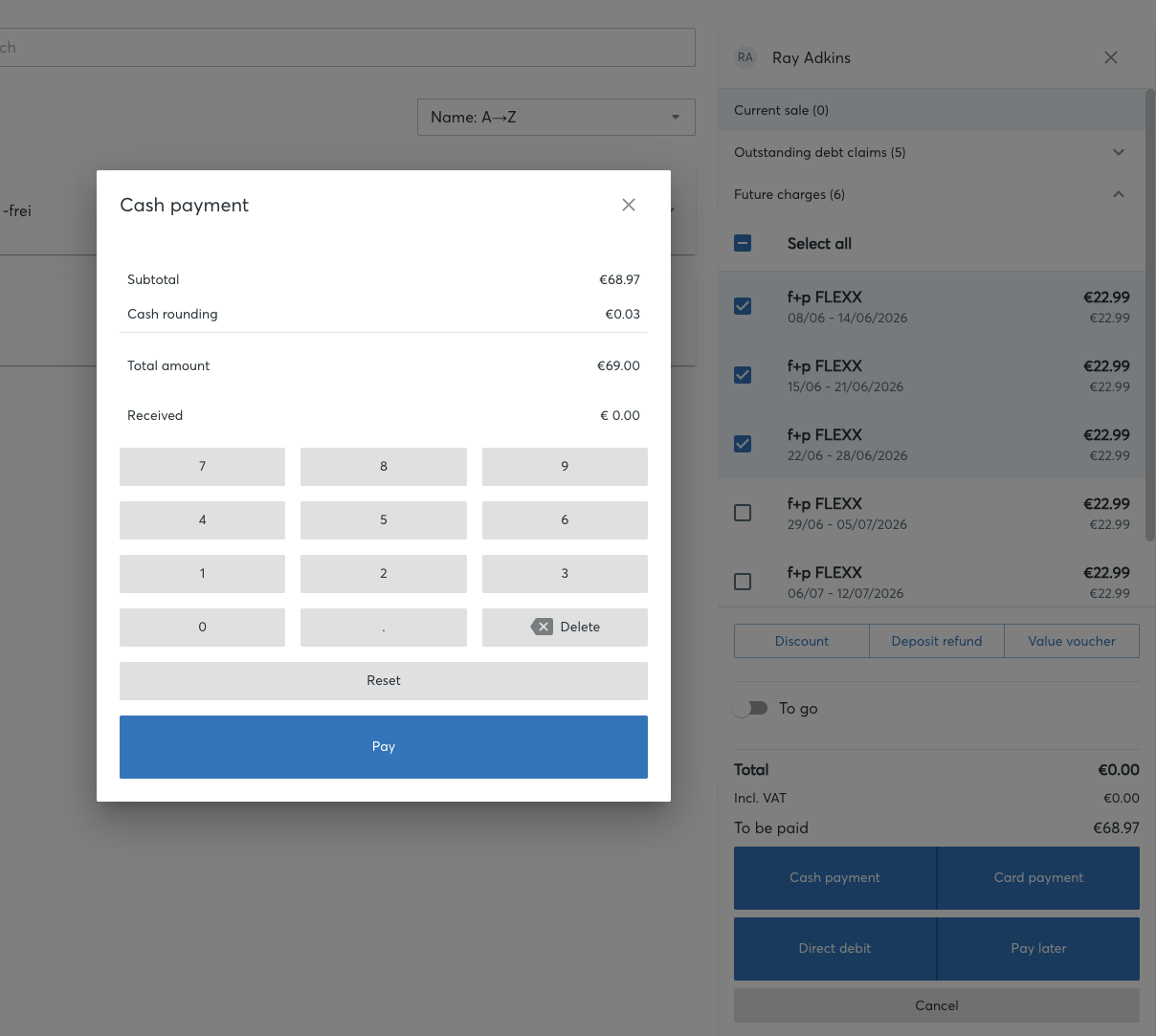 Cash payment dialog with the total amount and the selected future charges in the member panel