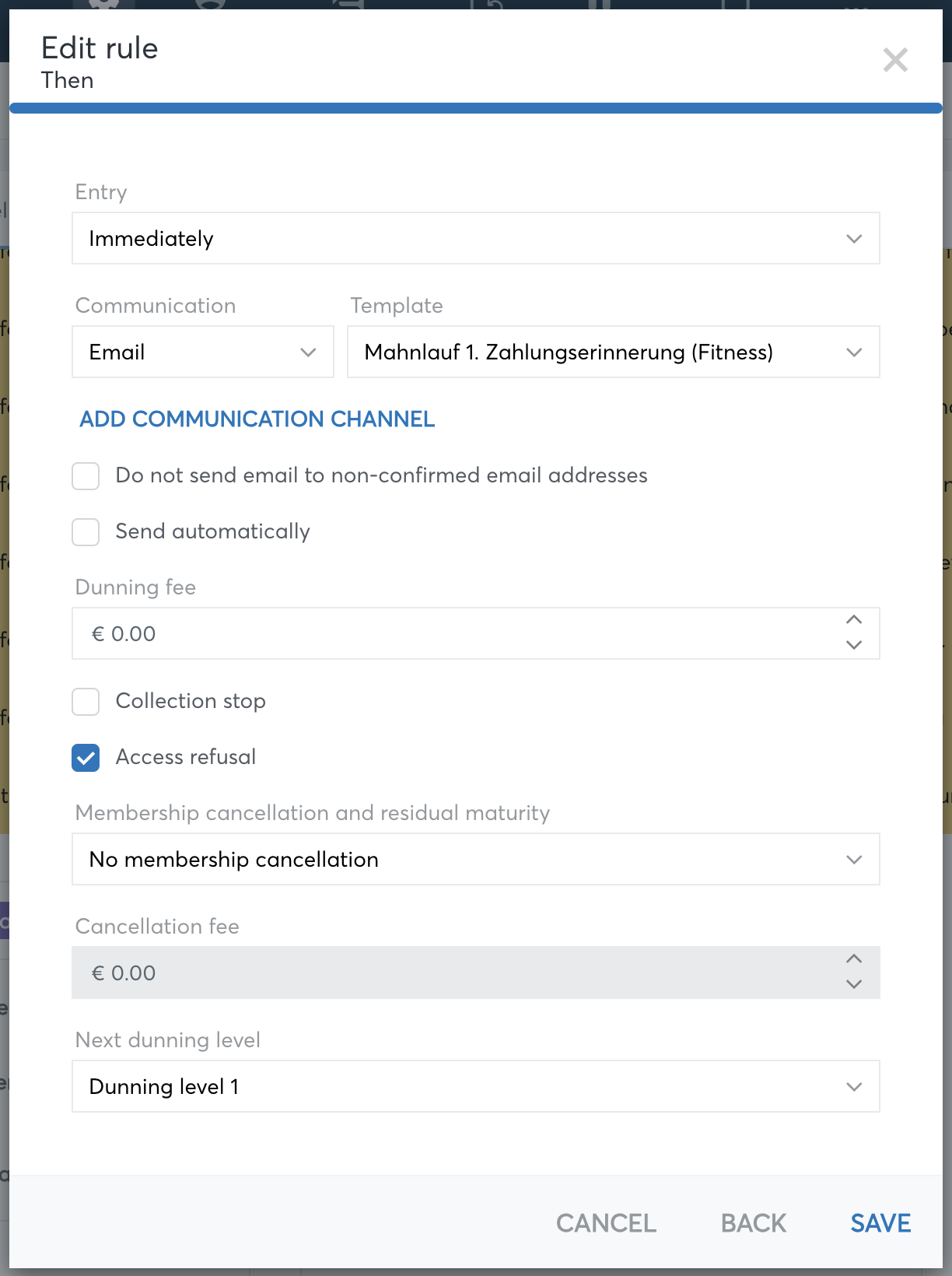 Edit rule dialog with the Dunning fee field