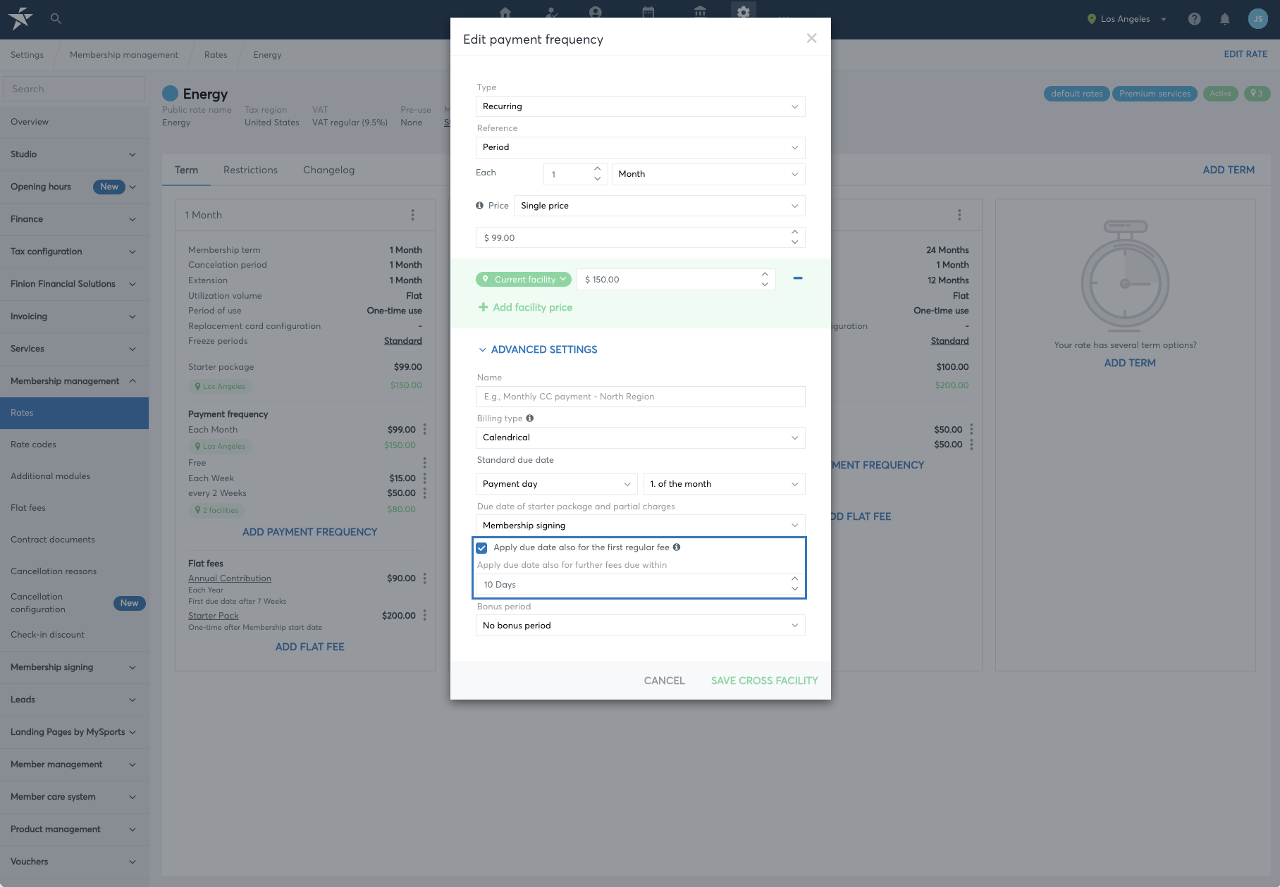 Edit payment frequency dialog with the due date settings under Advanced settings and a window of 10 days