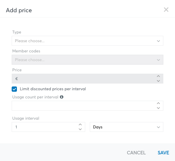 Add price dialog with the usage-limit toggle