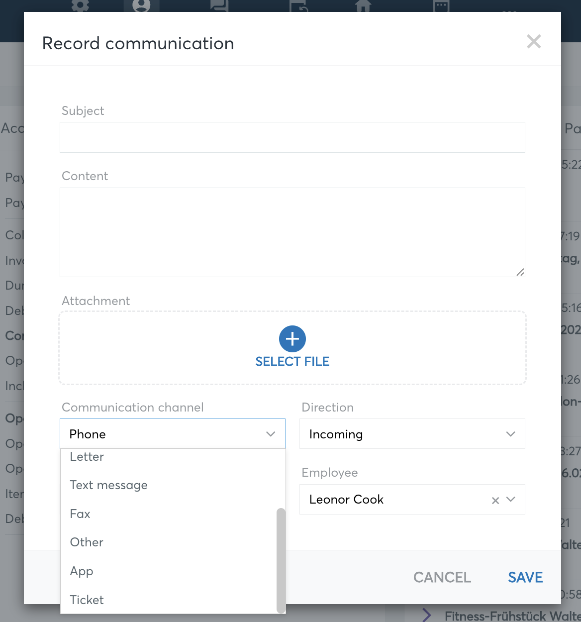 Record communication dialog with the Communication channel dropdown incl. Ticket