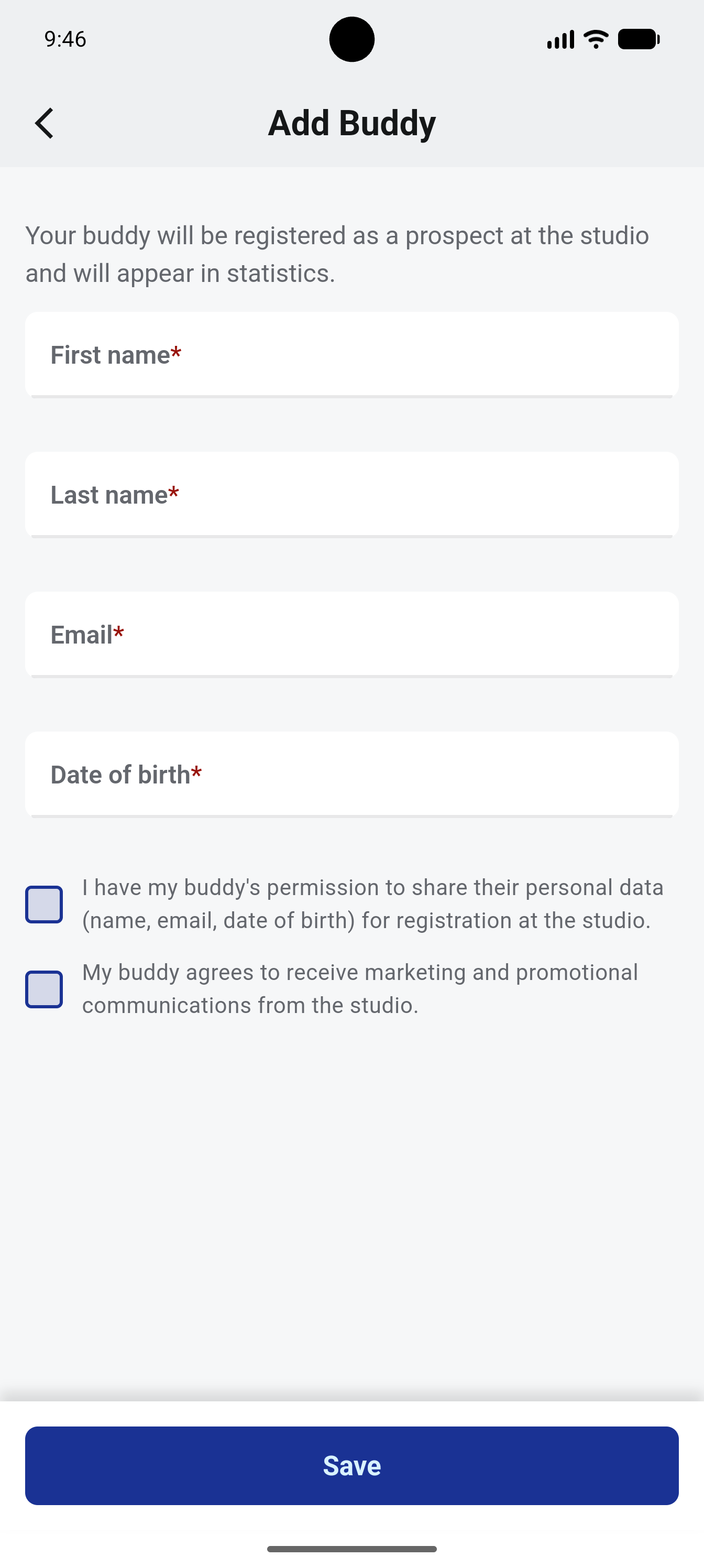 Add Buddy form with first name, last name, email, date of birth and consent checkboxes