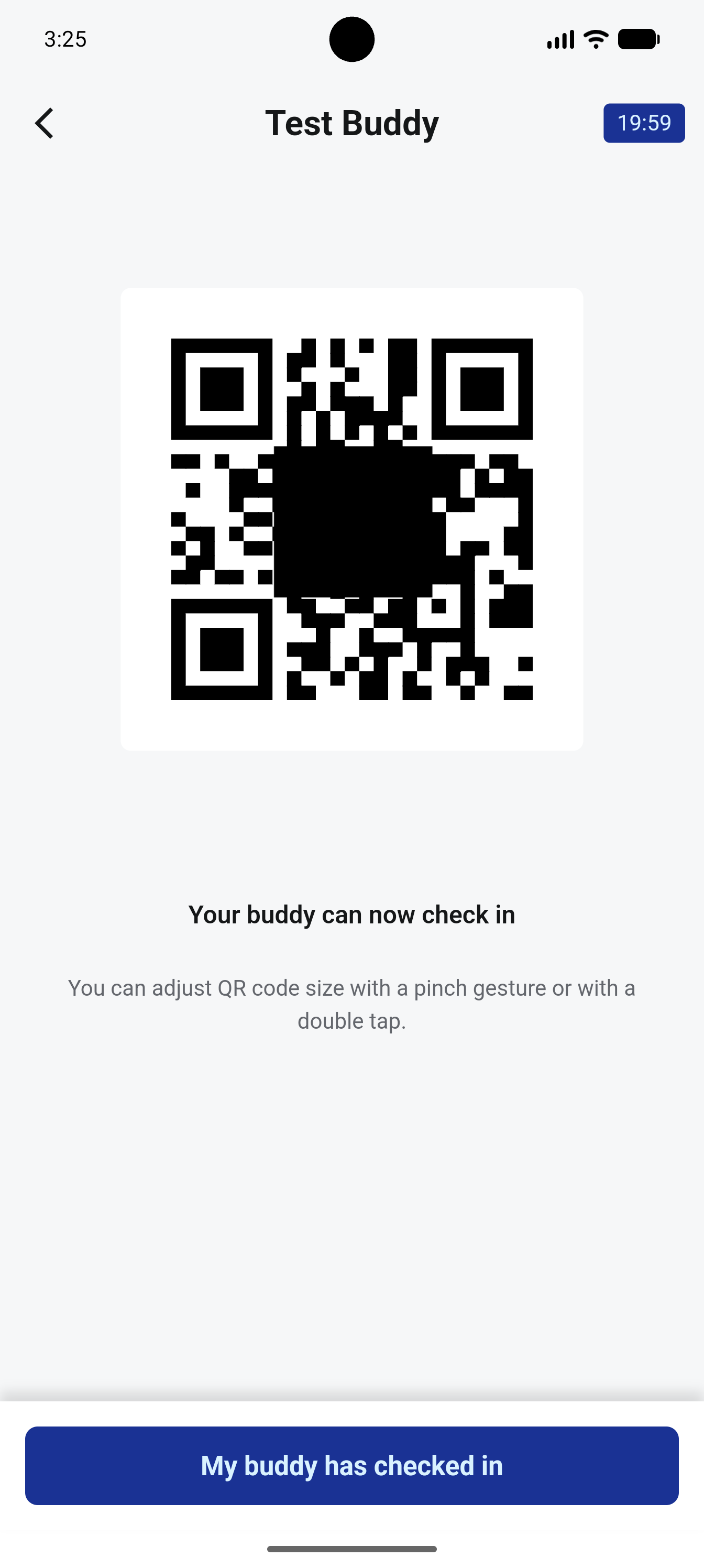 Código QR del buddy desbloqueado con cuenta atrás para que el buddy haga check-in