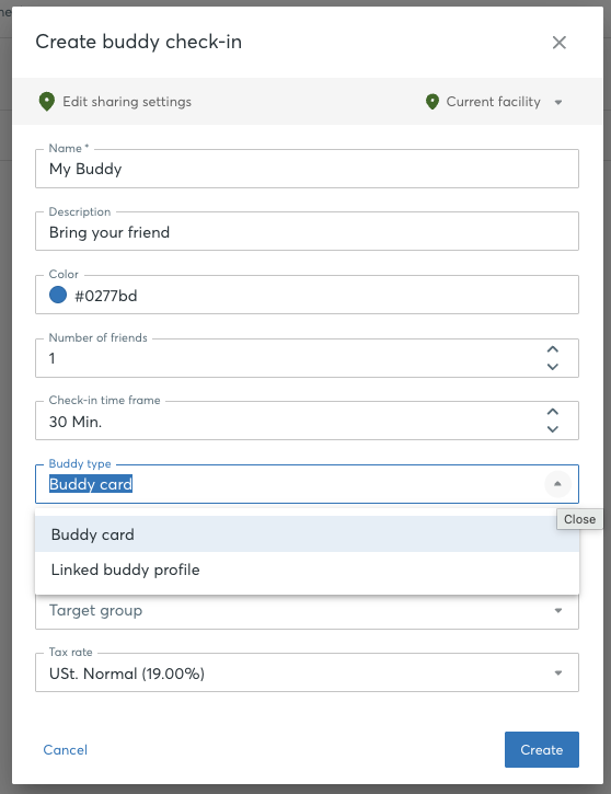 Create buddy check-in dialog with Buddy type set to Buddy card and the Linked buddy profile option in the dropdown