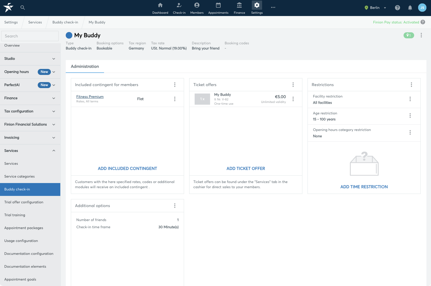 Buddy check-in detail page showing included contingents, ticket offers, restrictions and additional options