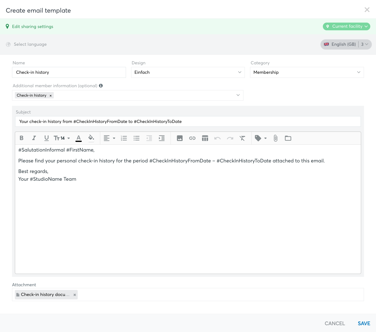 Email template editor with Check-in history selected under Additional member information, the placeholders #CheckInHistoryFromDate and #CheckInHistoryToDate in the subject, and the Check-in history document attachment