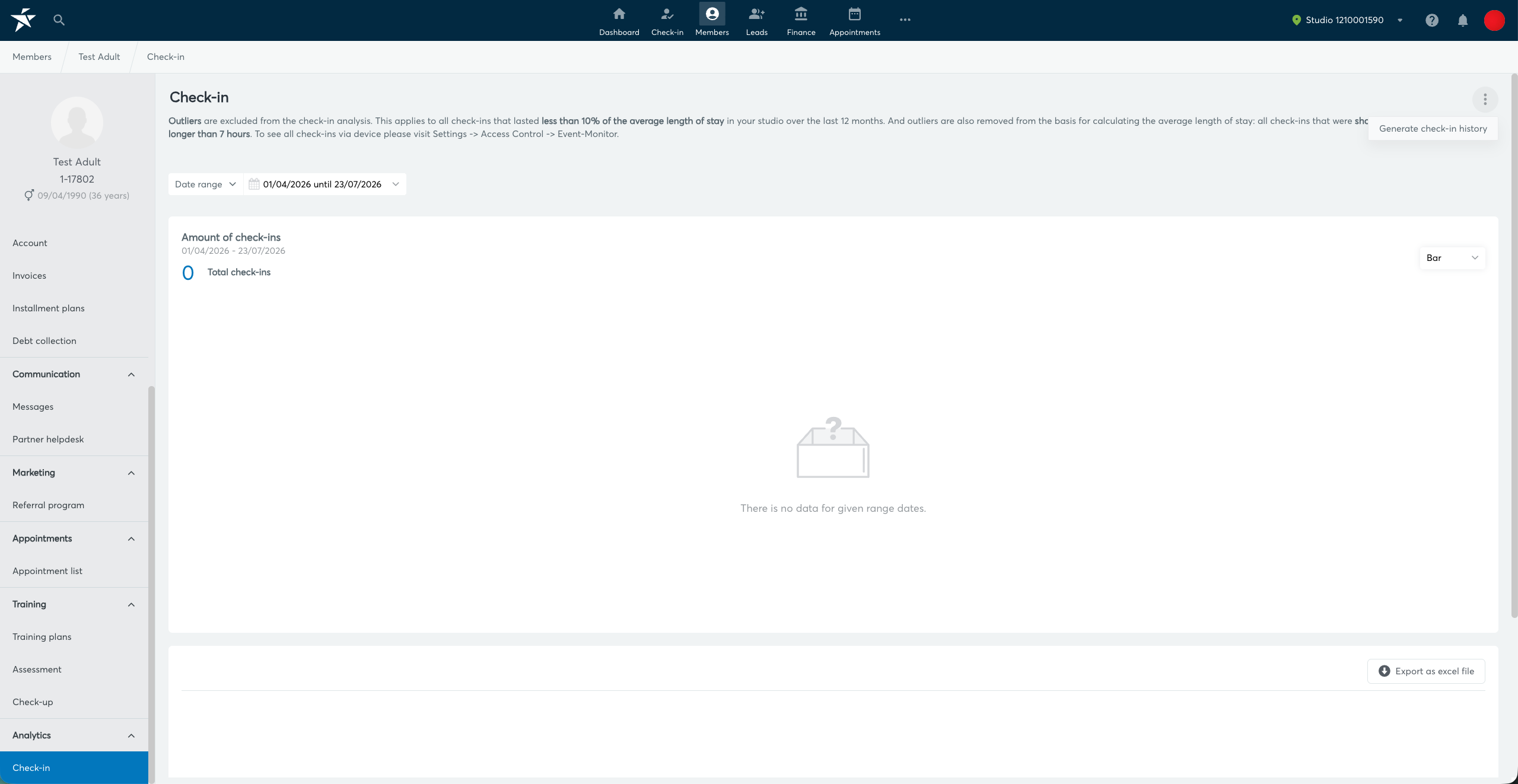 Check-in section of the member profile with the more actions menu open and the Generate check-in history option