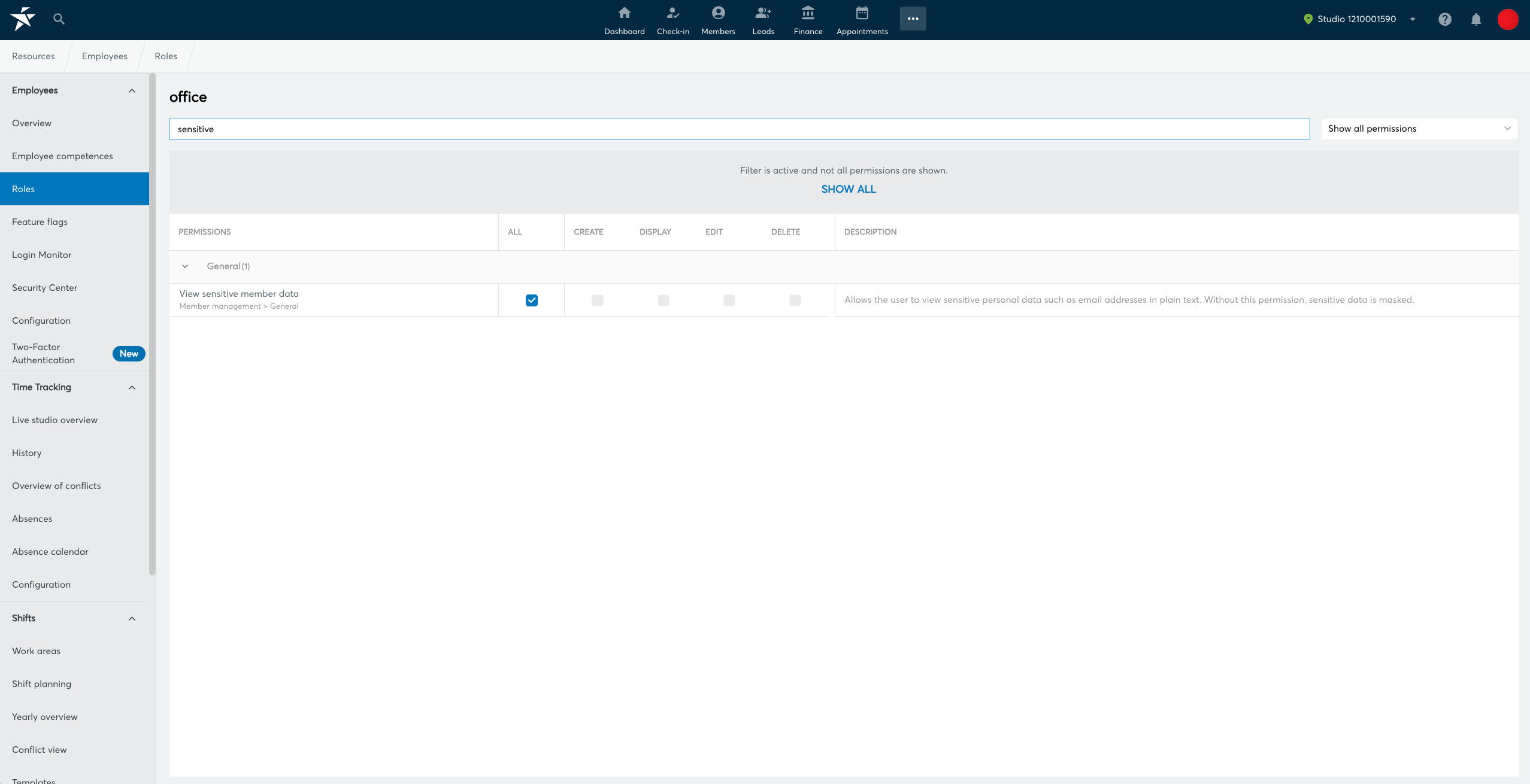 Roles screen with the enabled permission "View sensitive member data" in the General group (Member management)