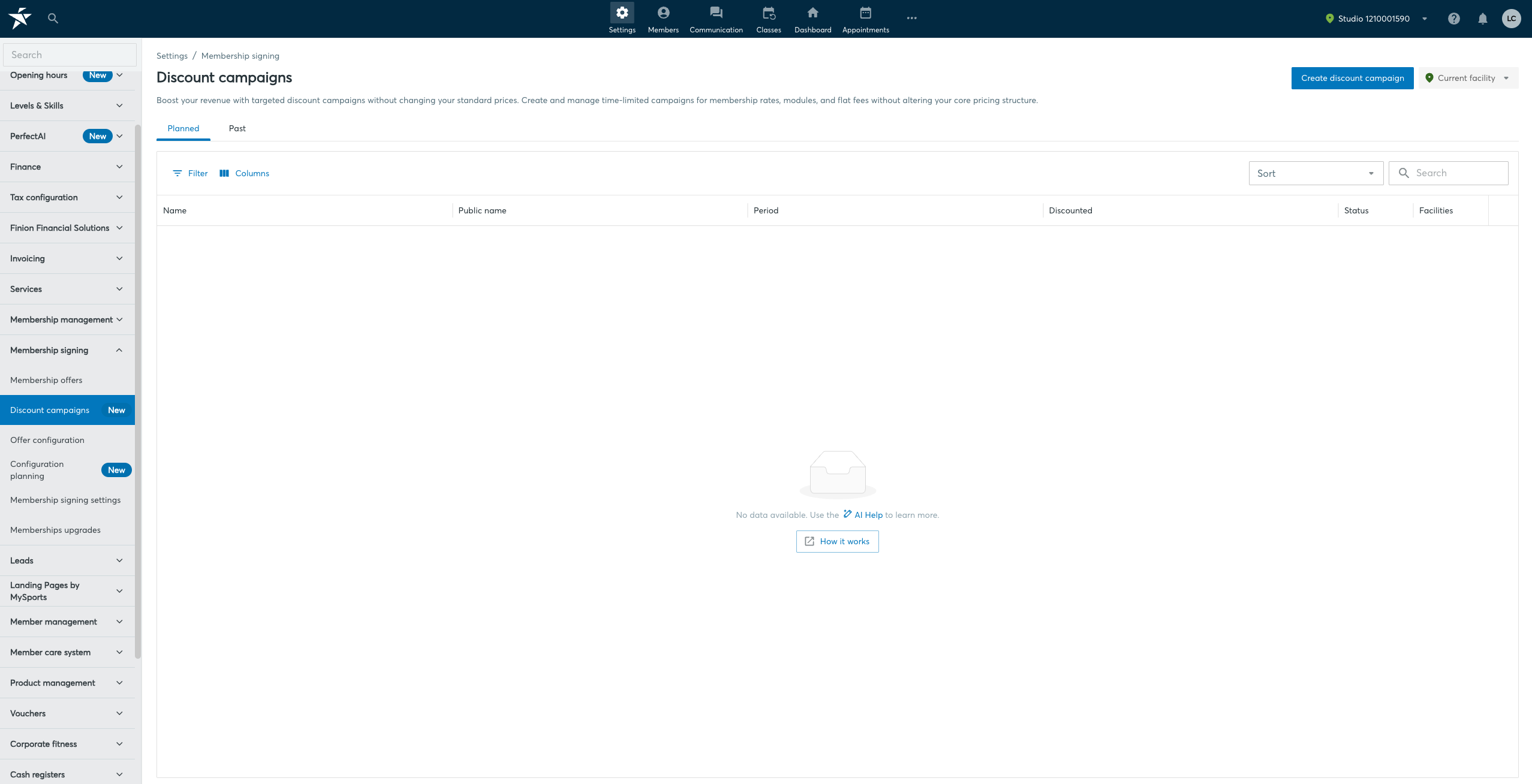Discount campaigns list view (empty state), Settings / Membership signing