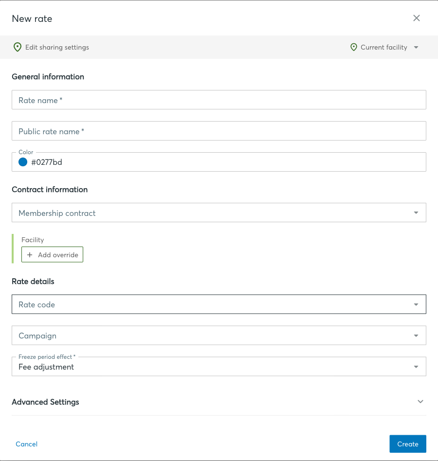 New rate dialog with General information, Contract information and Rate details