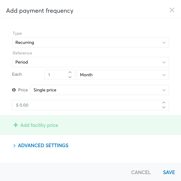 Add payment frequency dialog, main part with Type, Reference, interval and Price