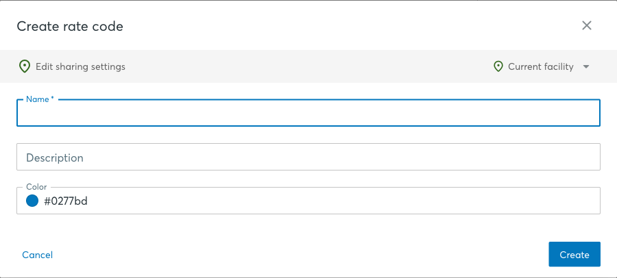 Create rate code dialog with name, description and color