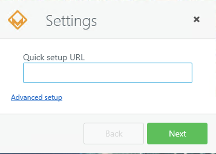 Settings dialogue in the Windows client with the Quick setup URL field