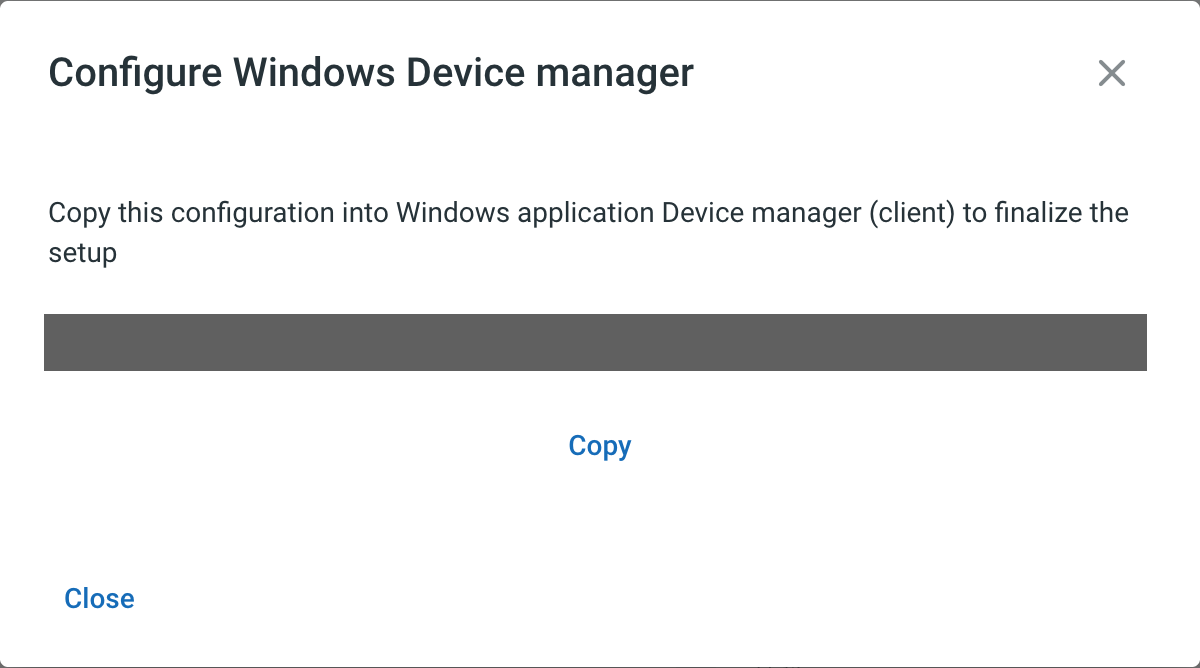 Diálogo Configurar el administrador de dispositivos de Windows con la dirección y el botón Copiar