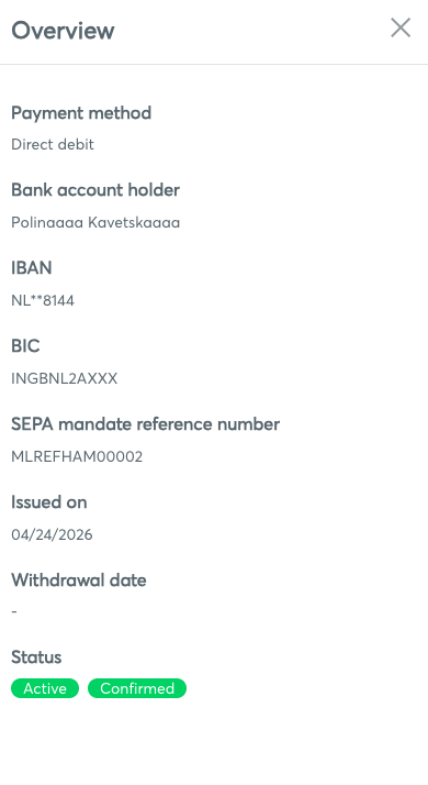 Expanded payment method detail: IBAN masked, BIC and SEPA mandate reference in full