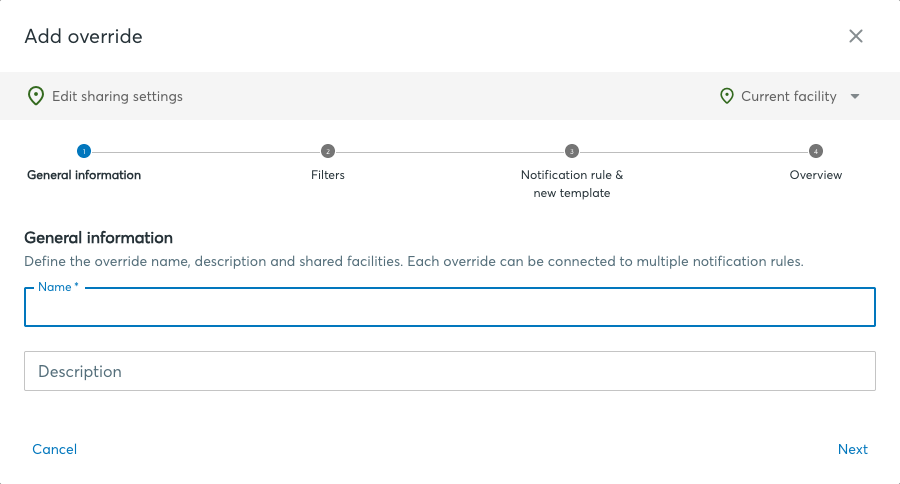 Add override wizard, step General information with name, description and shared facilities