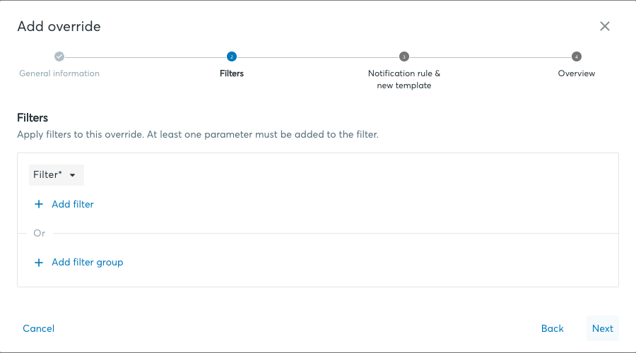 Asistente Add override, paso Filters con Add filter y Add filter group (interfaz en inglés)