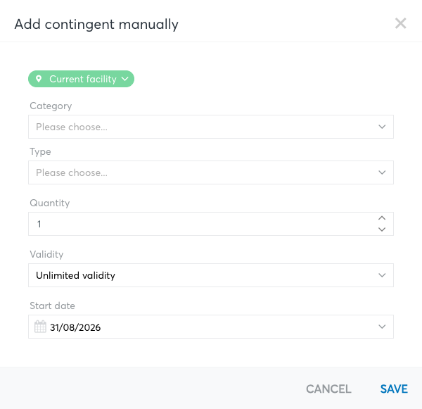 Dialog Add contingent manually with the fields Category, Type, Quantity, Validity and Start date