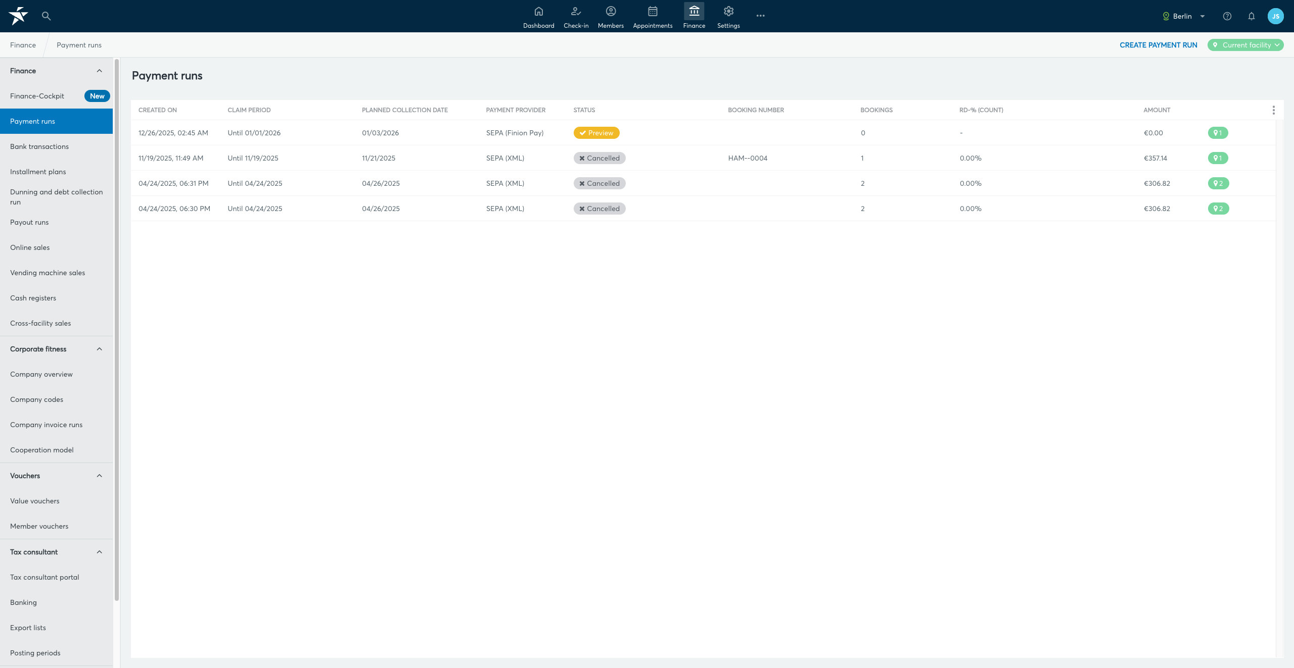 Payment runs list under Finance / Payment runs