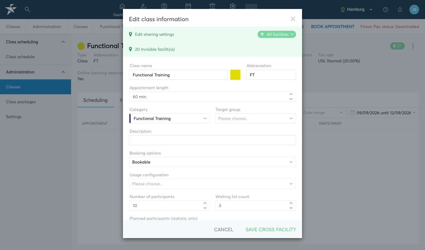Edit class information dialog with the Number of participants and Waiting list count fields