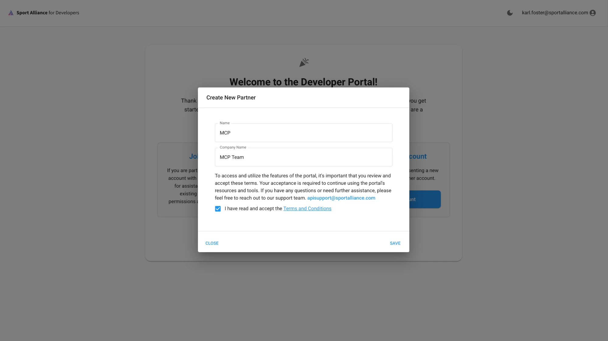 Form for partner name, company name and the terms and conditions checkbox