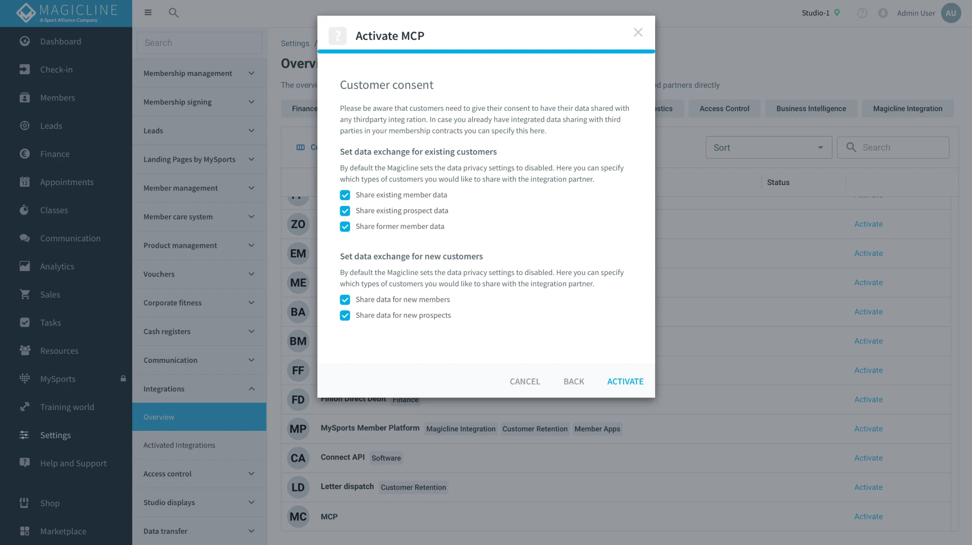 Consent step of the activation with the data sharing checkboxes