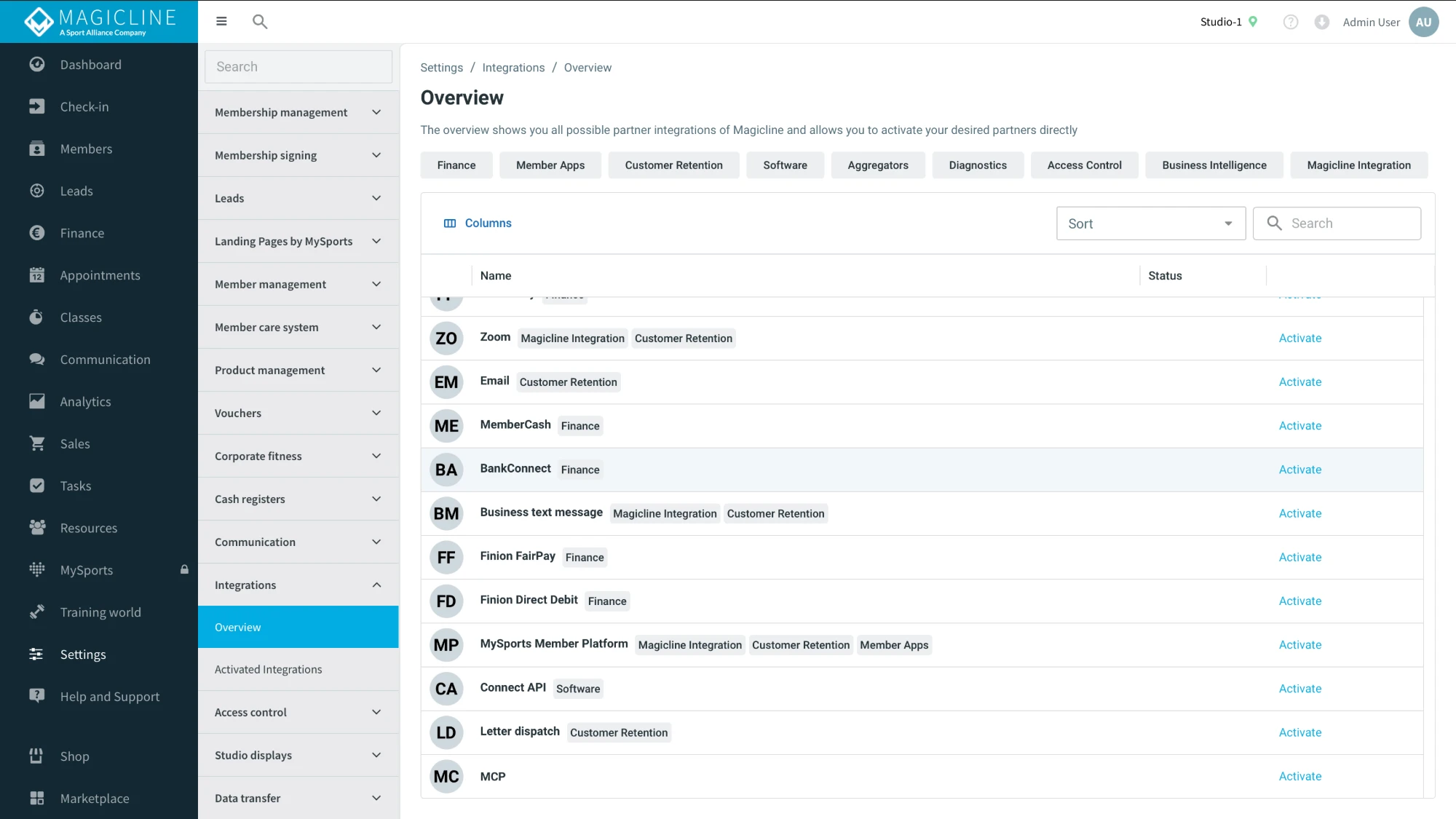 Integrations overview in the studio with your own application and the Activate button