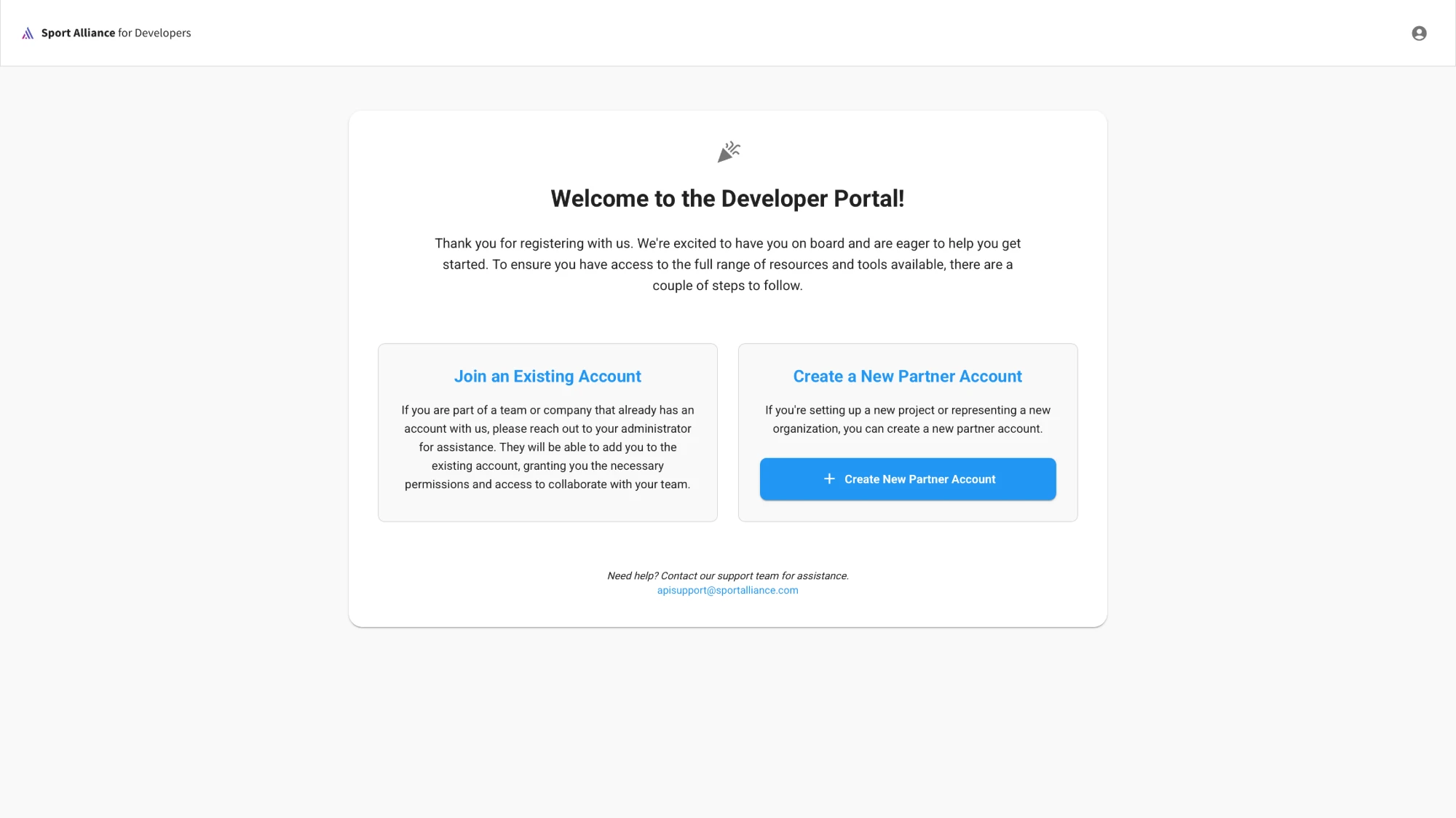 Pantalla de bienvenida en el primer inicio de sesión con la opción Create New Partner Account