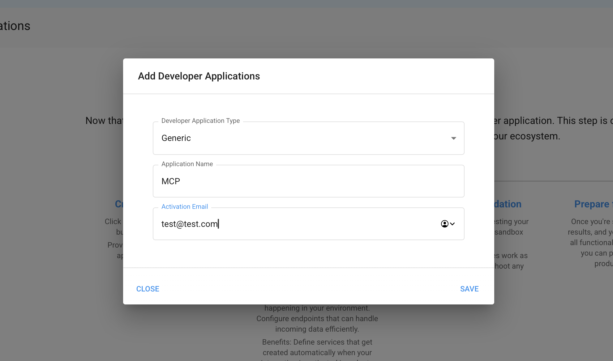 Diálogo para crear una aplicación con tipo Generic, un nombre y la dirección de email de activación