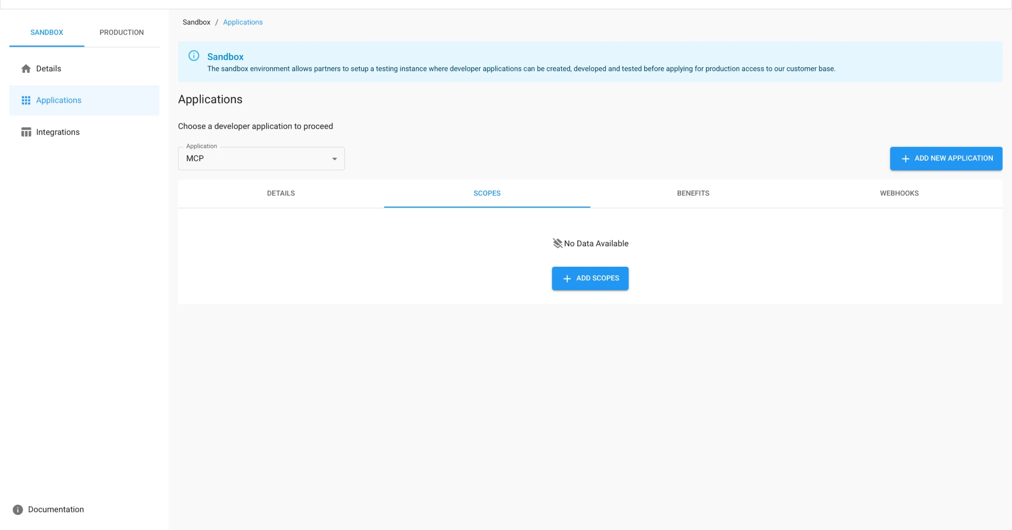 Una aplicación recién creada sin scopes asignados y por tanto sin acceso