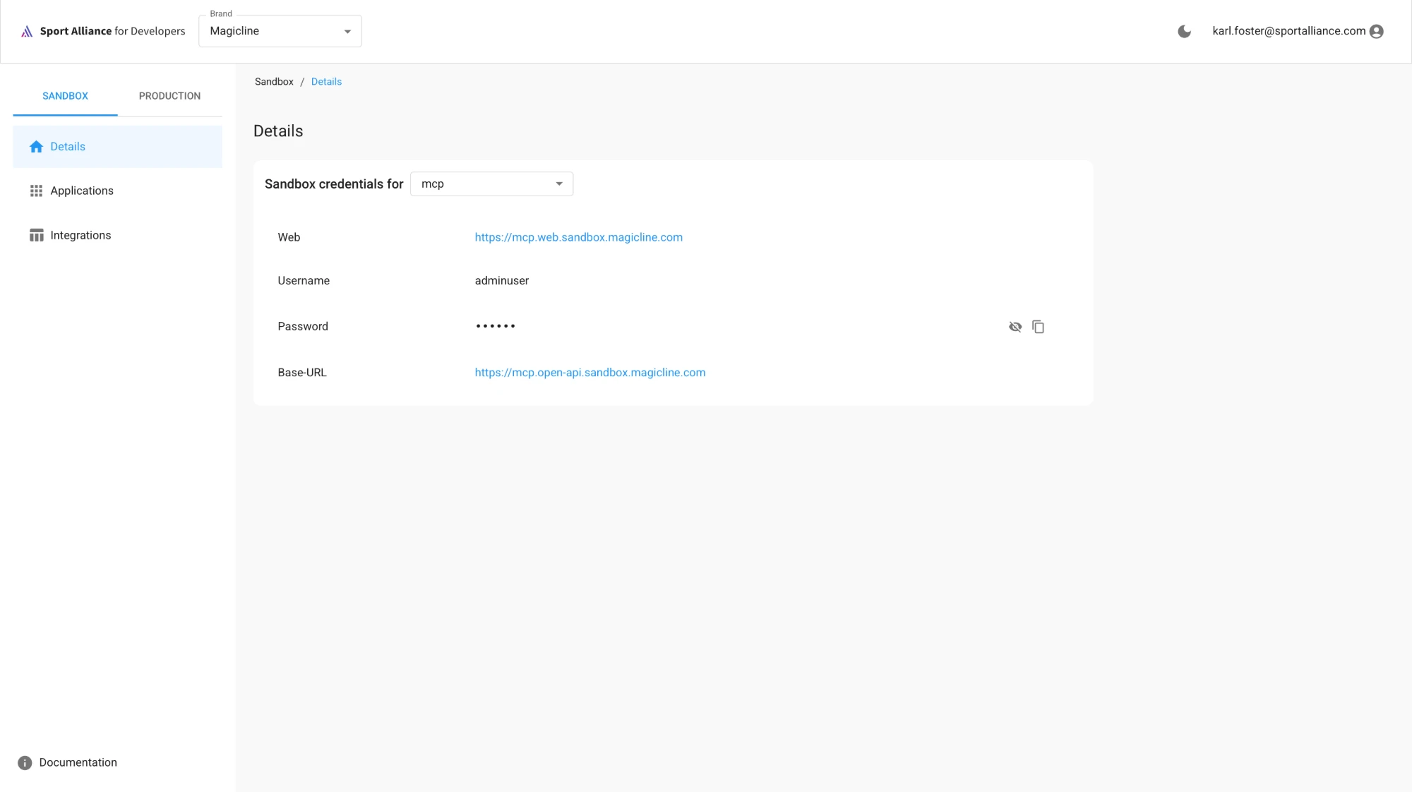 Detalles del sandbox con las credenciales una vez finalizada la provisión