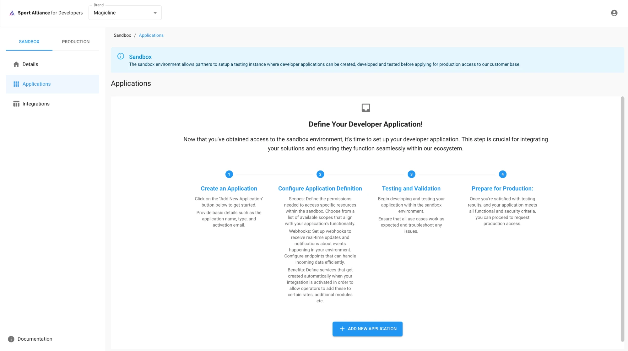 Vista de Sandbox Applications con el botón Add New Application