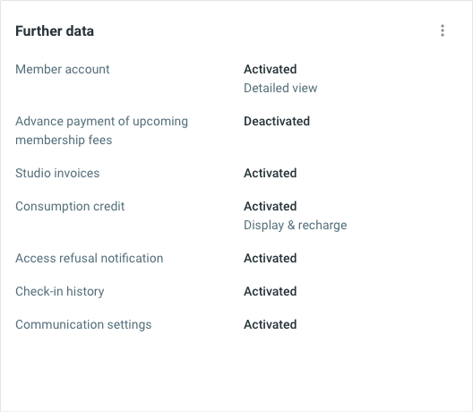 Further data card showing member account, studio invoices, consumption credit and check-in history settings