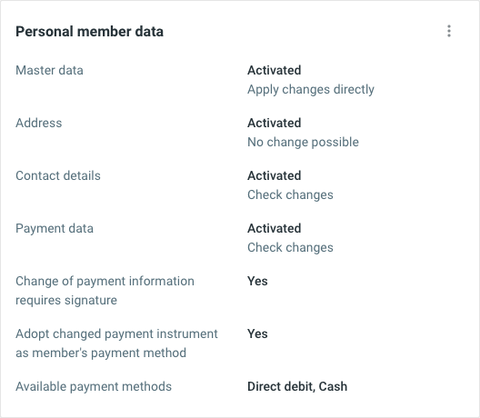 Personal member data card showing master data, address, contact details and payment data settings