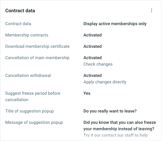 Contract data card showing cancellation, freeze period, bonus periods and voucher code settings