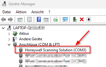 Windows Device Manager with the scanner under Ports (COM & LPT)
