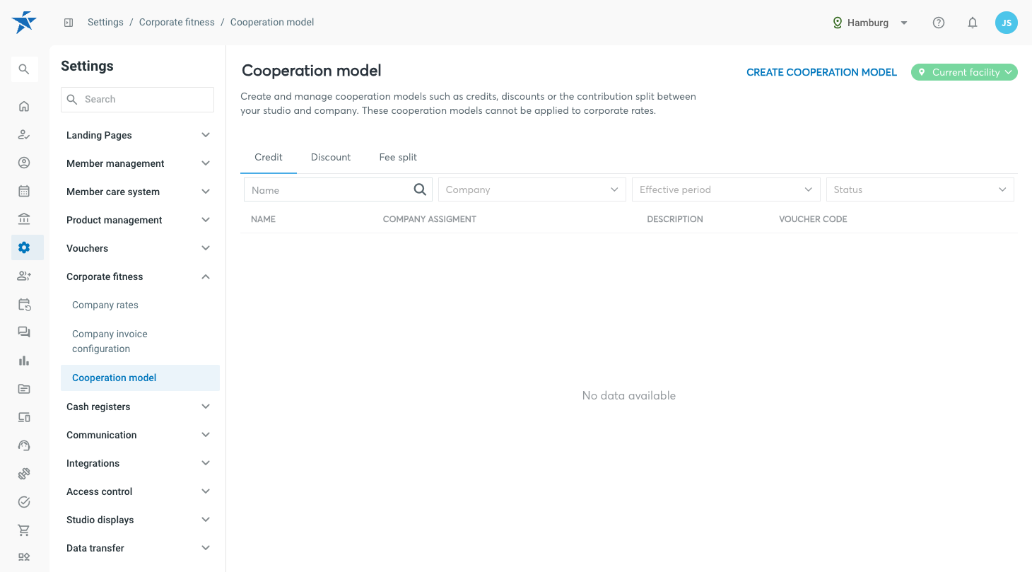Cooperation model overview with the Create Cooperation model button