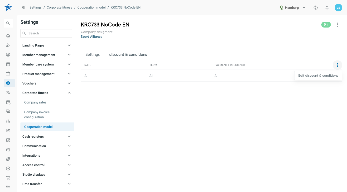 Three-dot menu with the single entry Edit discount & conditions, for a fee split without a voucher code