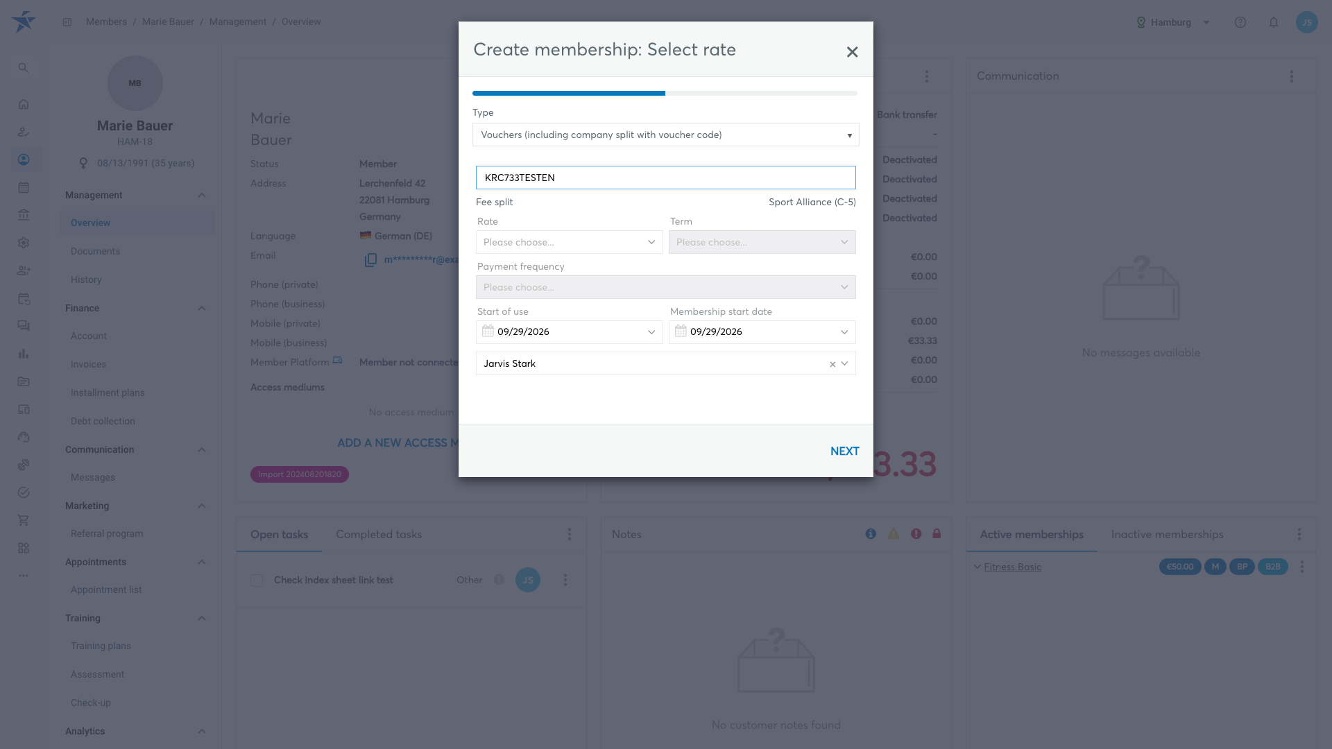 Dialog with recognised voucher code, cooperation model and unlocked fields for rate, term and payment frequency
