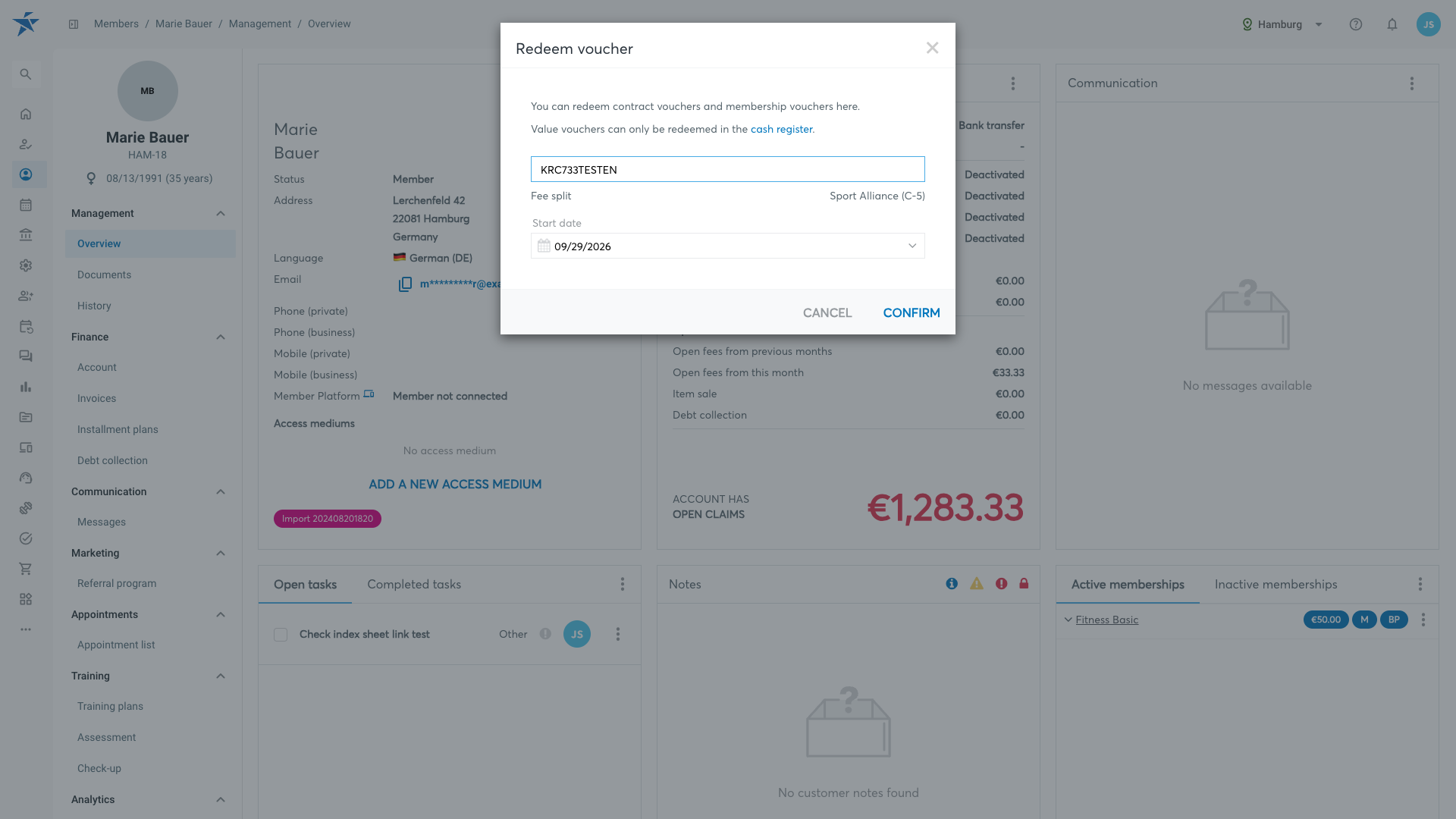 Redeem voucher dialog with the fields voucher code and start date