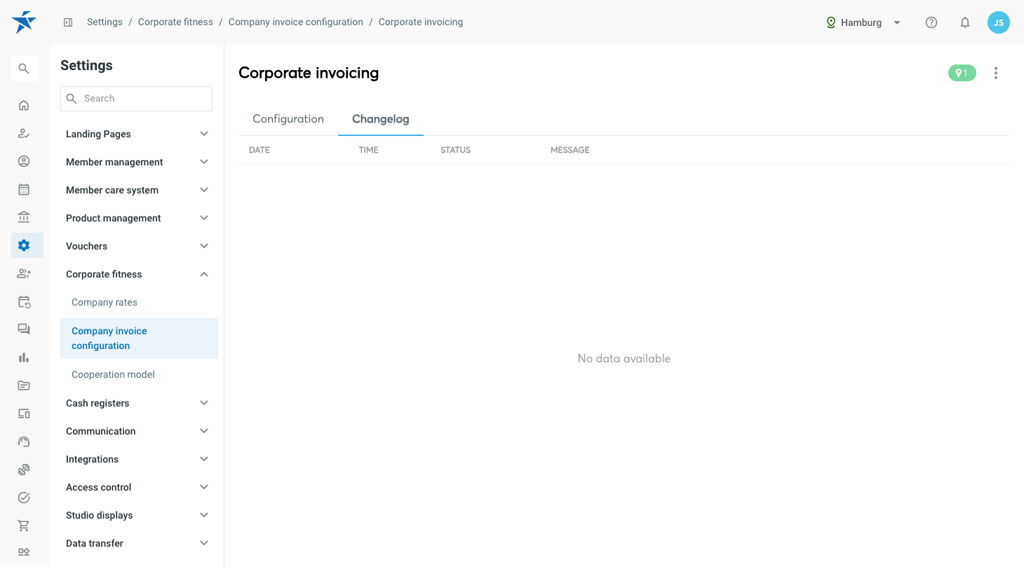 Company invoice configuration with the Changelog tab
